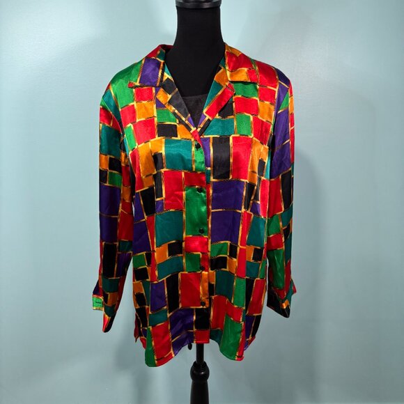 Vintage 80s Notations Geometric Blouse Red Blue Large    Lot J - Picture 1 of 7